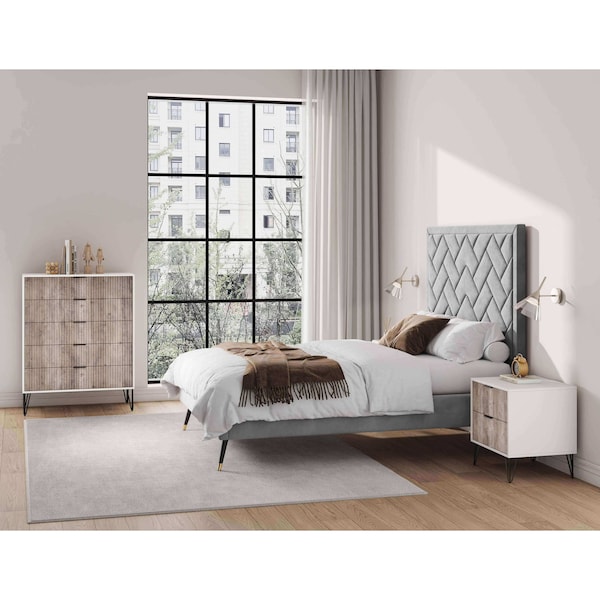 Manhattan Comfort 2-Piece DUMBO 5-Drawer Tall Dresser and DUMBO Nightstand 2.0 in White and Grey 2-DB06-WG - main